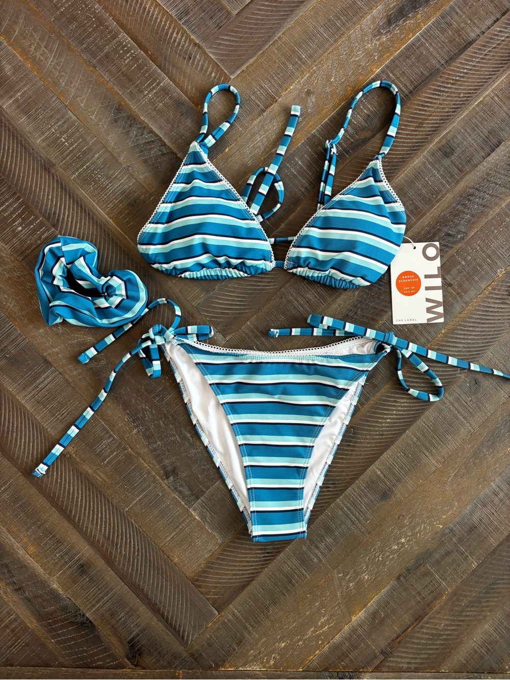 Wilo The Label 2-Piece Triangle Bikini Set Women's S Blue White Stripe Scrunchie